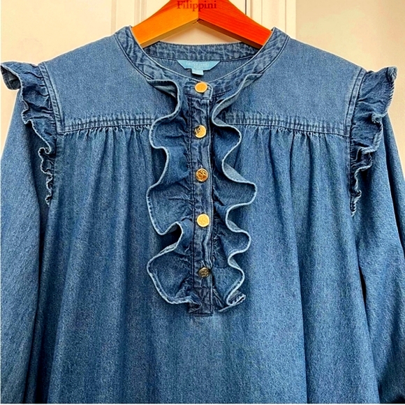 COPY - Draper James RSVP Denim Long Sleeve Ruffled Button Up Mini Dress. Size L - Picture 6 of 10